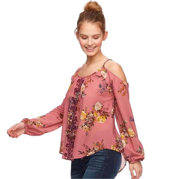 Juniors size Large Rewind Floral Embroidered Cold Shoulder Top pullover blouse - Picture 1 of 7
